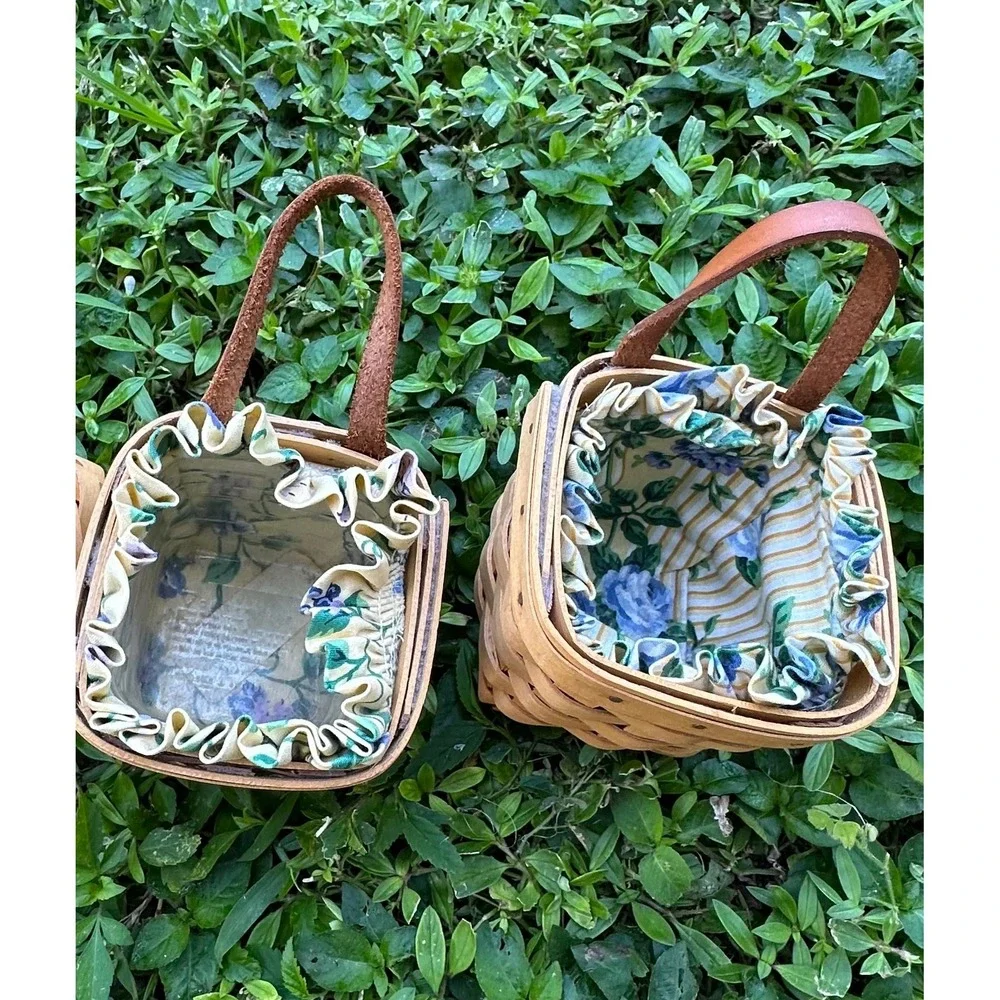 Longaberger Basket Set 4pc Tissue & Hanging Baskets Blue Floral Liners 1999-2000